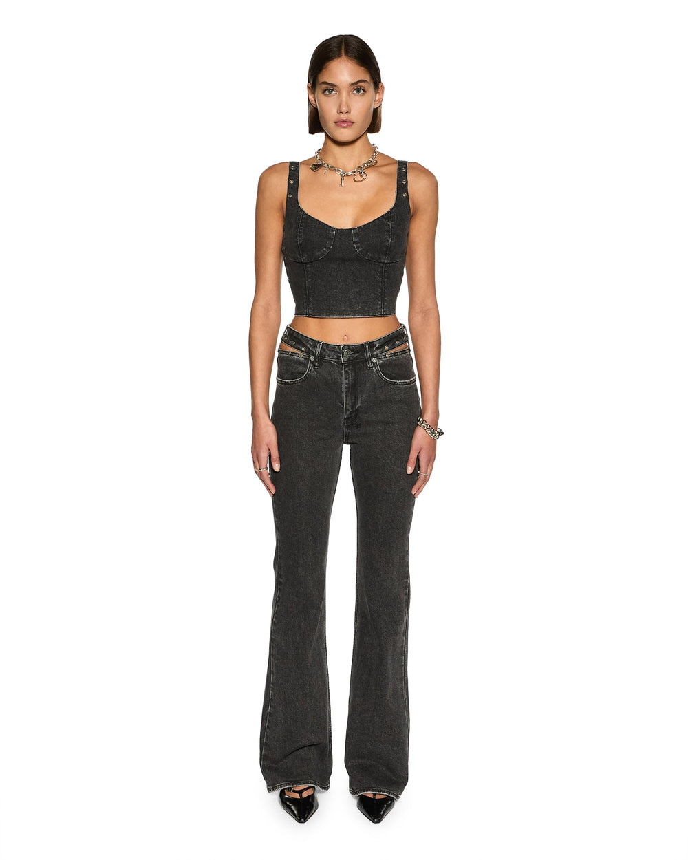 Soho Pierced Shadow Flared Mid Rise Jean - Washed Black