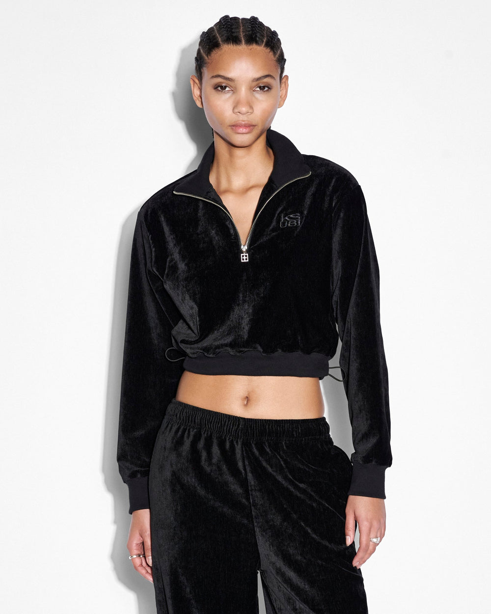 Buy Richie Half Zip Crop Black Velour Cropped Top KSUBI