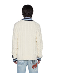 Mens Princeton Cable Knit V Neck Vintage White Knitwear