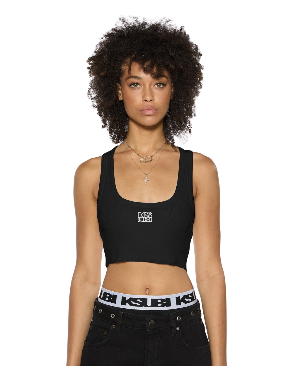 Womens Stacked Origin Crop Black Fashion Tops