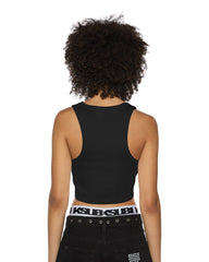 Womens Stacked Origin Crop Black Fashion Tops