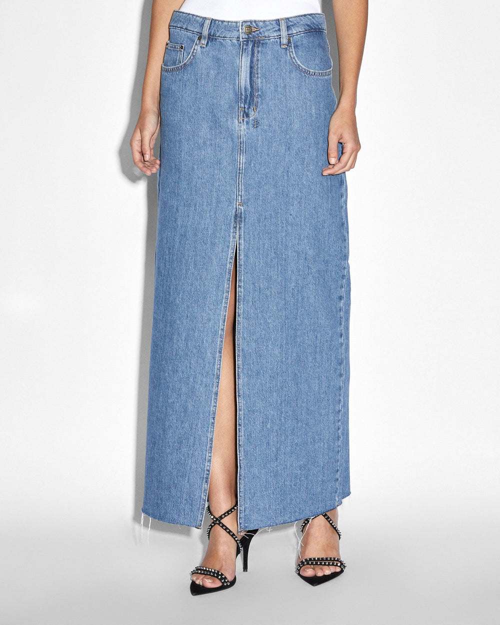 Kara Low Rise Maxi Denim Skirt - Medium Blue Wash