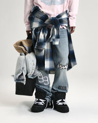 Mens Bronko Striker Patched Bootcut Denim Jeans