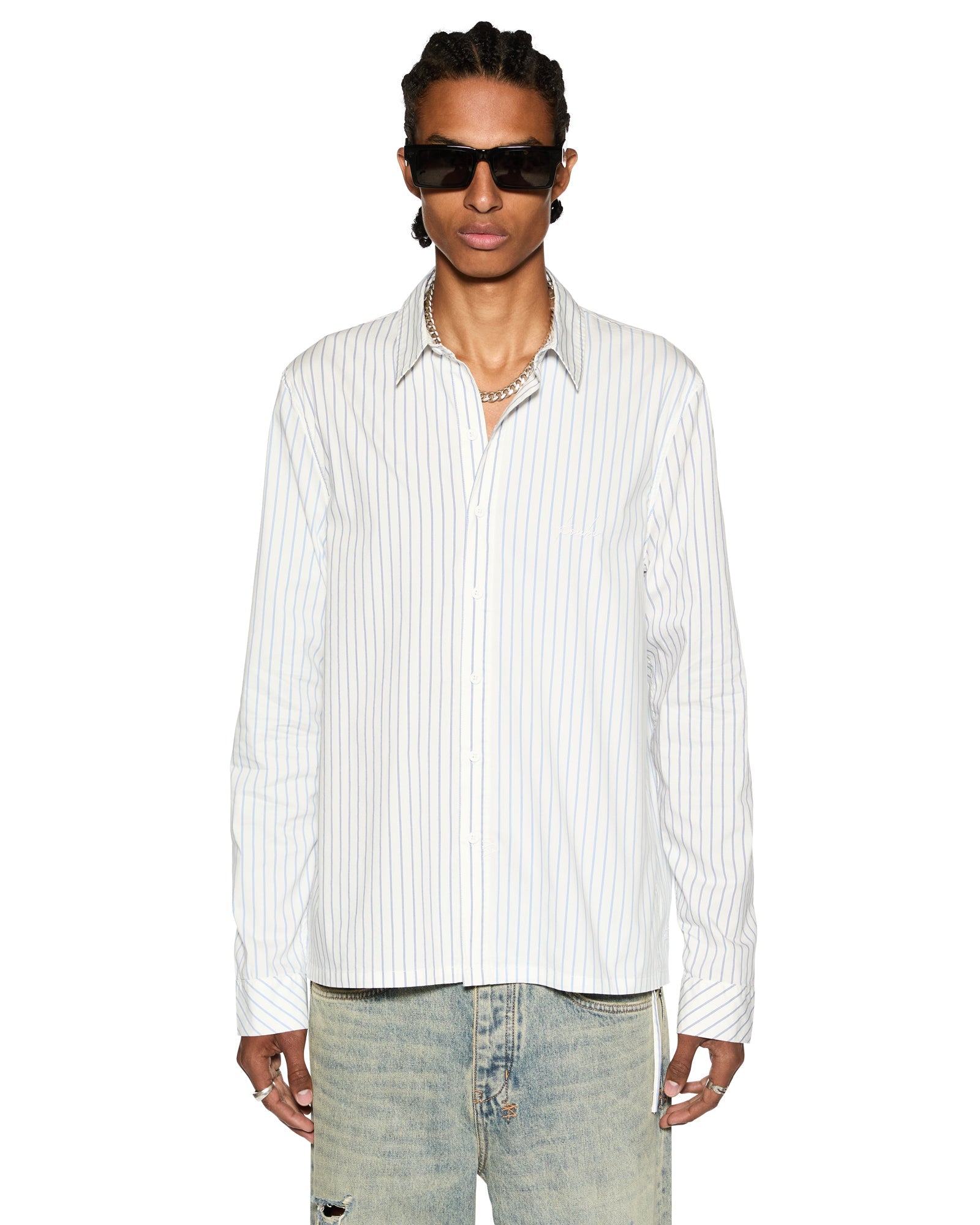 Skript Long Sleeve Cotton Shirt - White and Blue Pinstripe