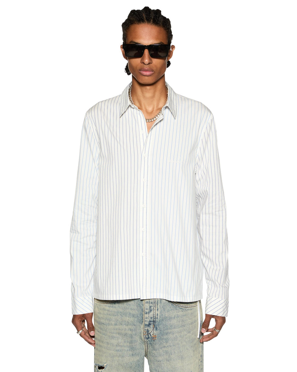 Skript Long Sleeve Cotton Shirt - White and Blue Pinstripe