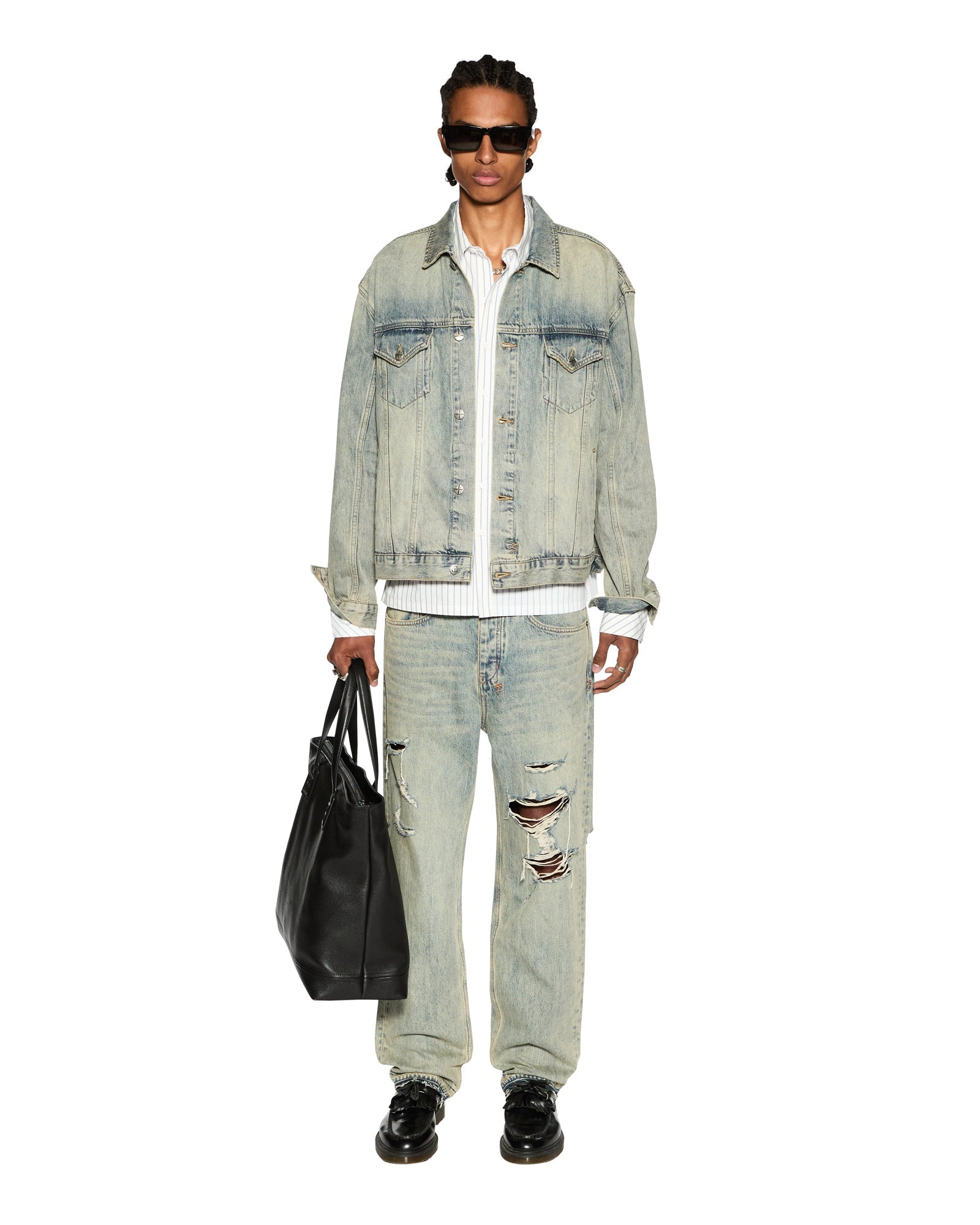 Skript Long Sleeve Cotton Shirt - White and Blue Pinstripe