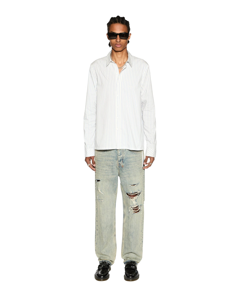 Skript Long Sleeve Cotton Shirt - White and Blue Pinstripe