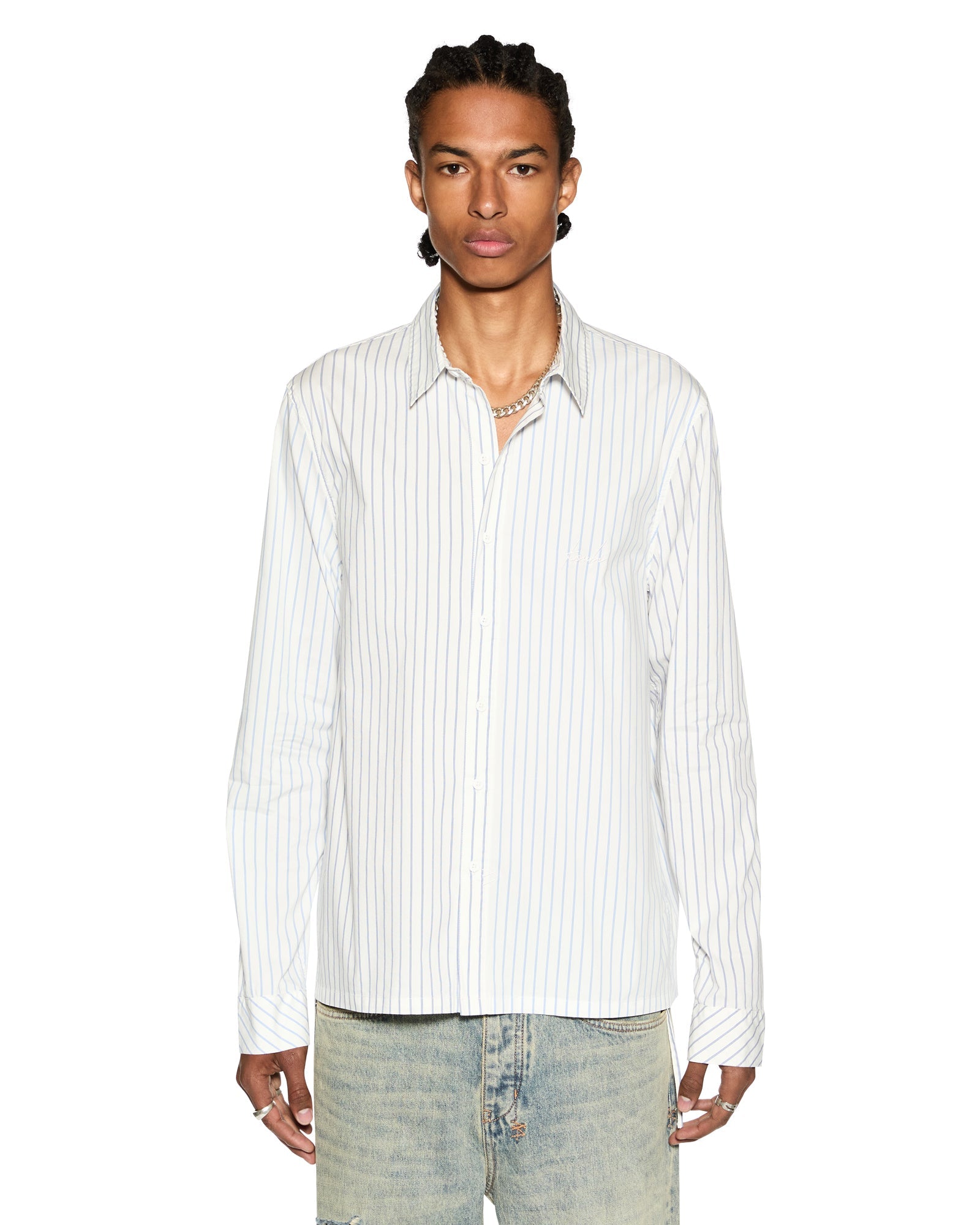 Skript Long Sleeve Cotton Shirt - White and Blue Pinstripe