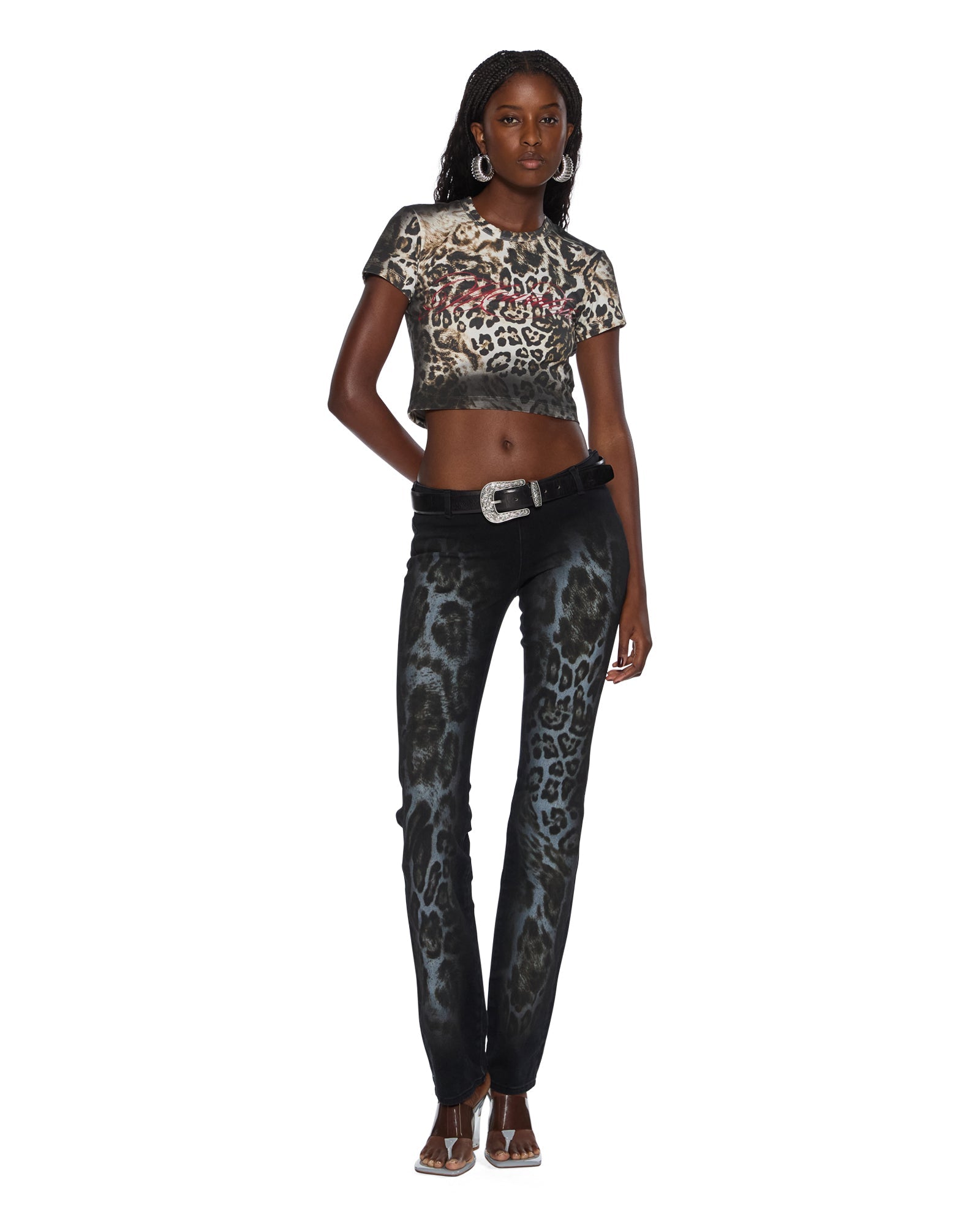 Womens Mowalola Jean Black Cheetah Slim Denim Jeans