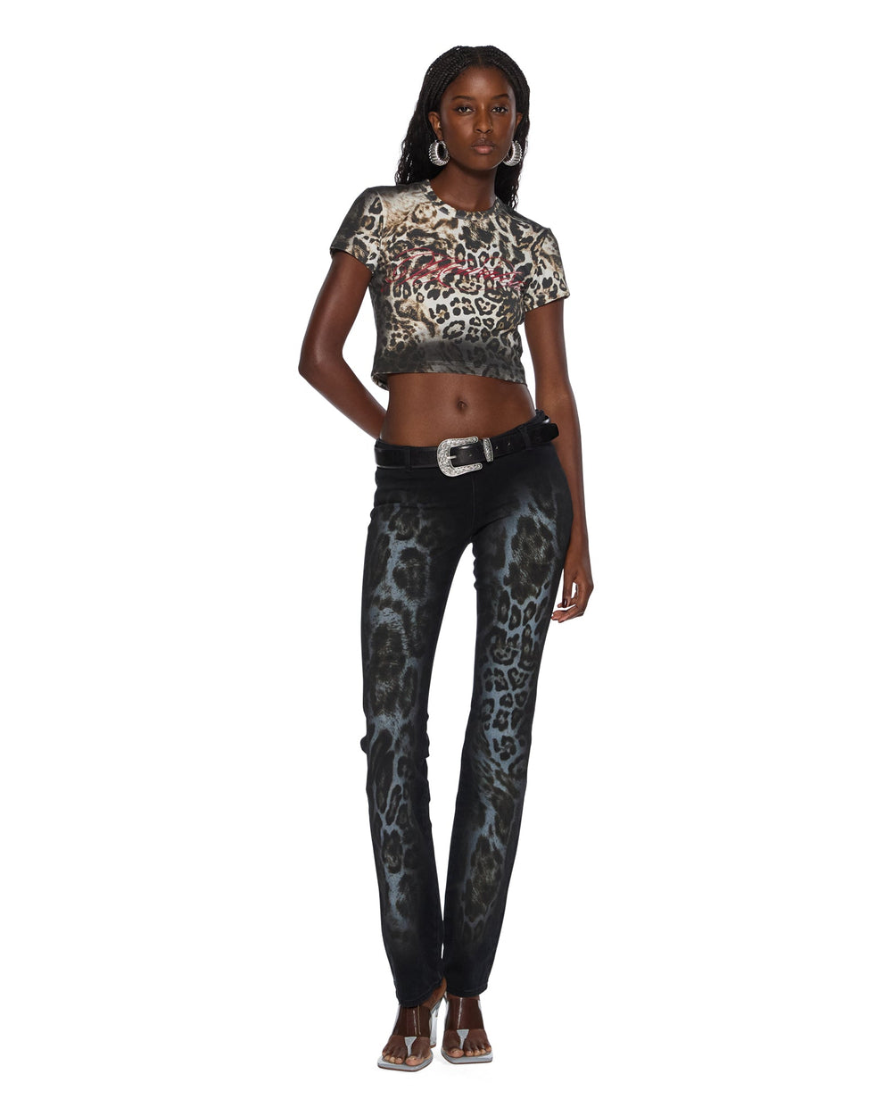 Womens Mowalola Jean Black Cheetah Slim Denim Jeans