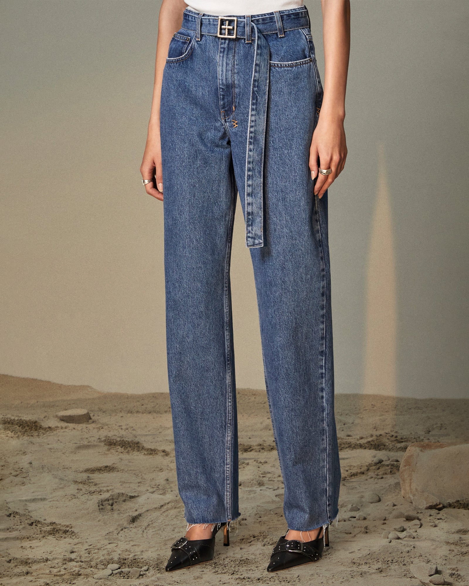 Playback High Waisted Jeans Belted Heritage - Blue Denim