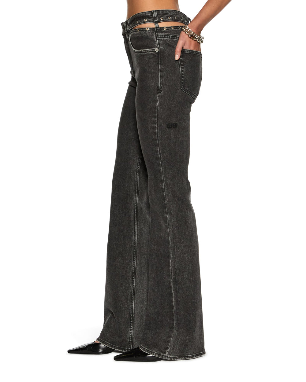 Soho Pierced Shadow Flared Mid Rise Jean - Washed Black