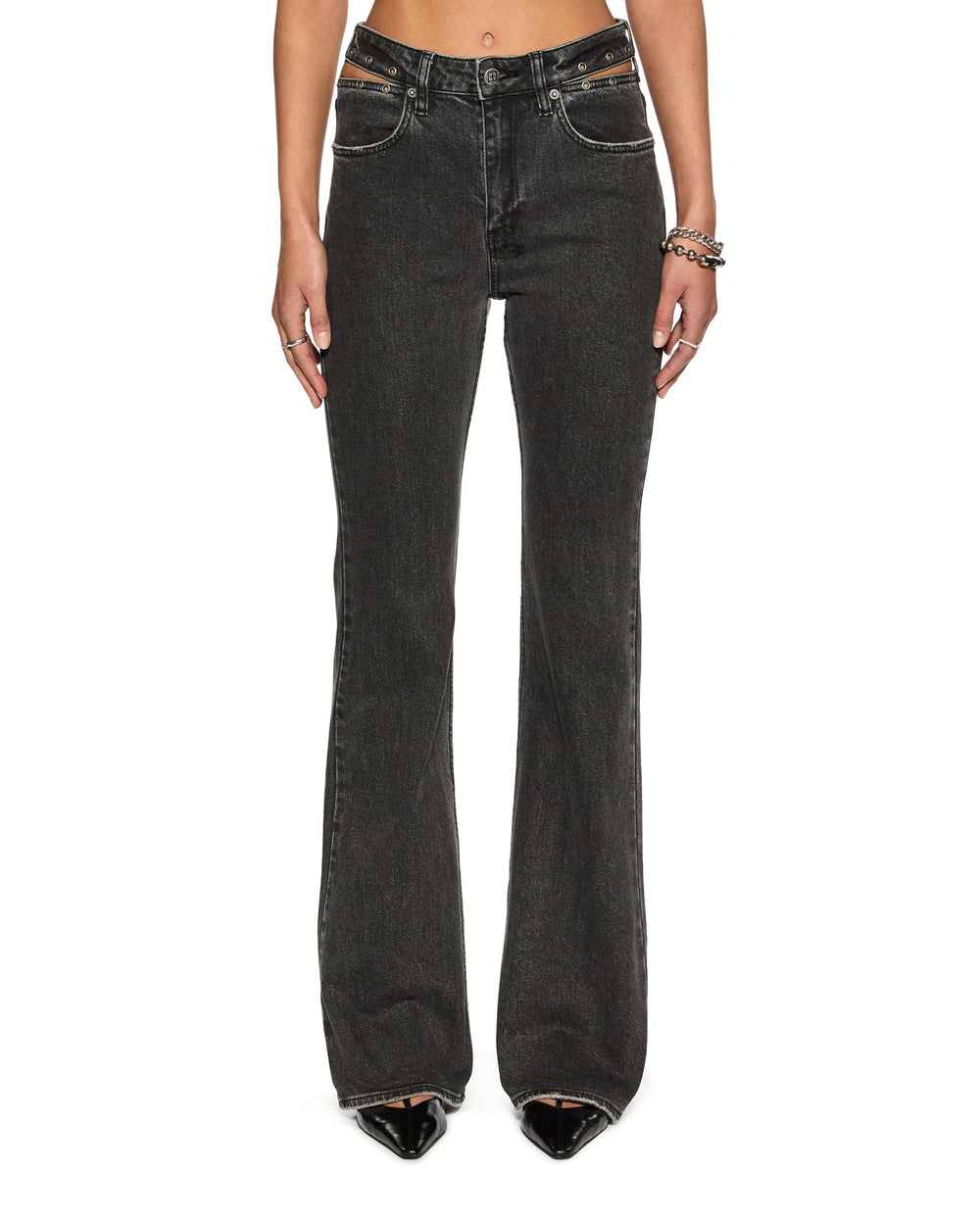Soho Pierced Shadow Flared Mid Rise Jean - Washed Black