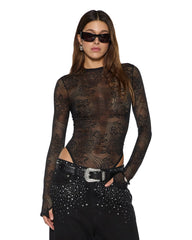 Womens Adele Ls Bodysuit Black Lace Fashion Tops