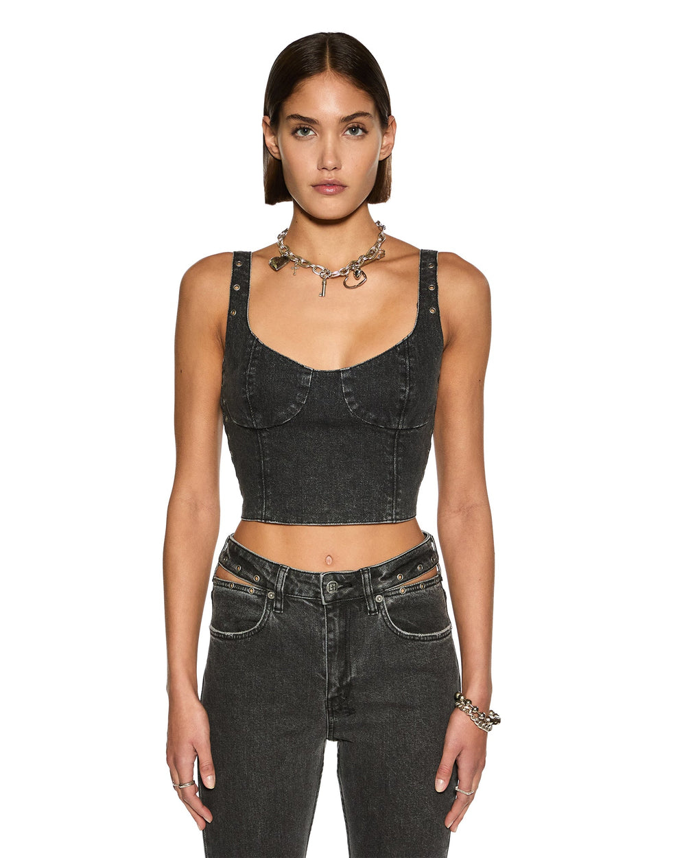 Dauphine Panelled Bustier Scoop Neck Top - Washed Black