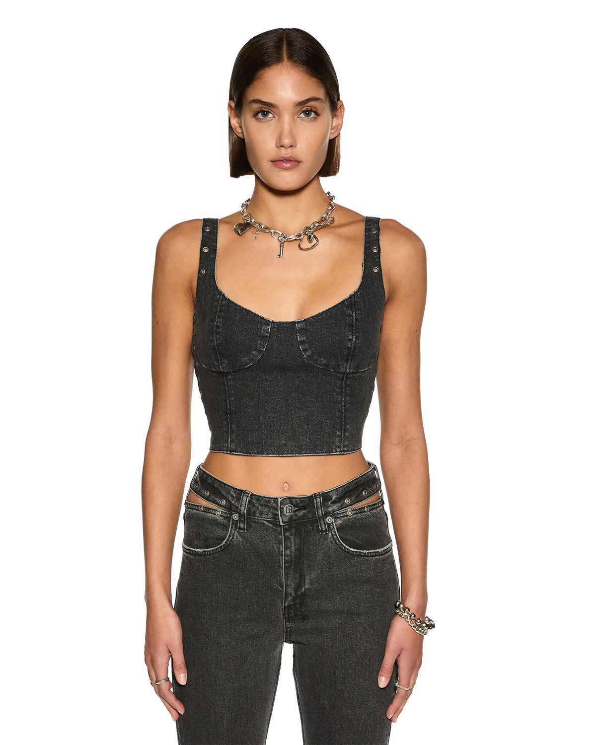 Dauphine Panelled Bustier Scoop Neck Top - Washed Black
