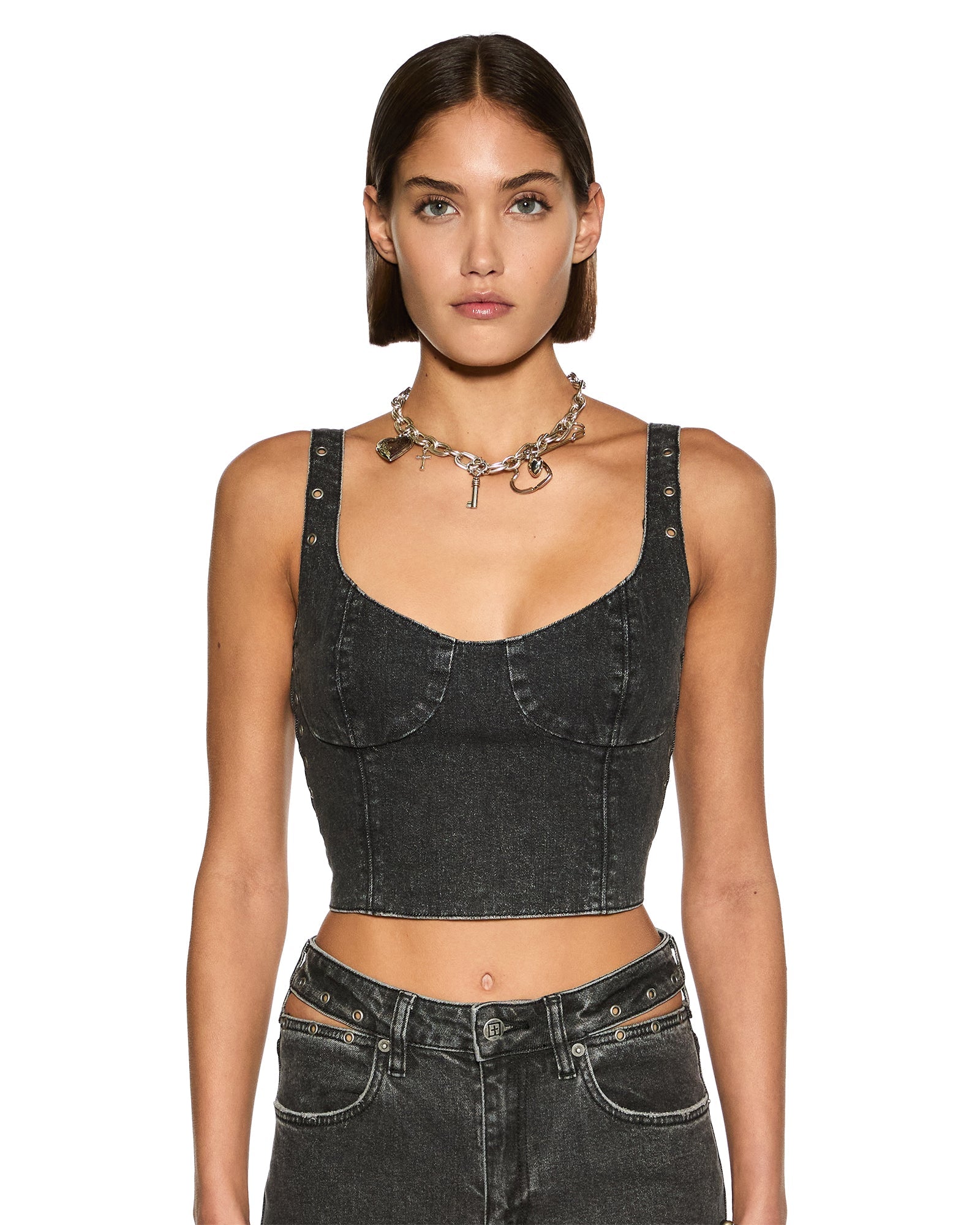 Dauphine Panelled Bustier Scoop Neck Top - Washed Black