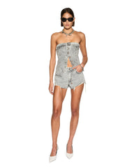 Retro Bustier Dime Krystal Strapless Top - Stone Wash
