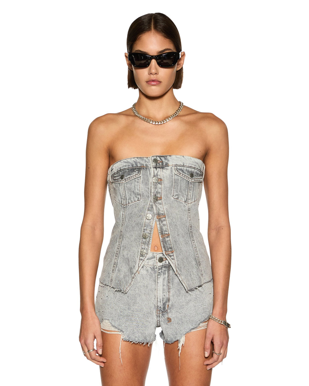 Retro Bustier Dime Krystal Strapless Top - Stone Wash