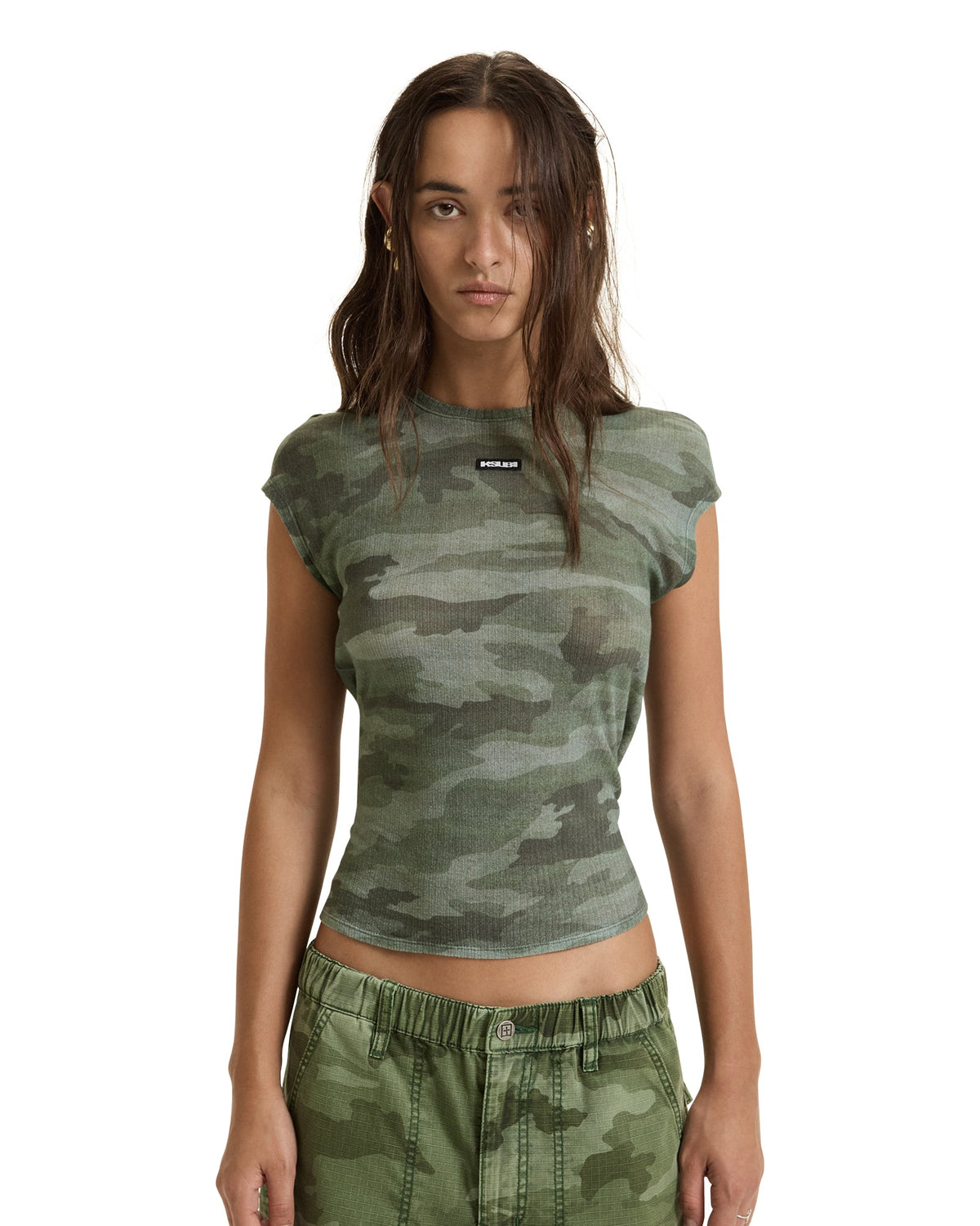 Womens Sheer Rib Camo Slim Tee Tees