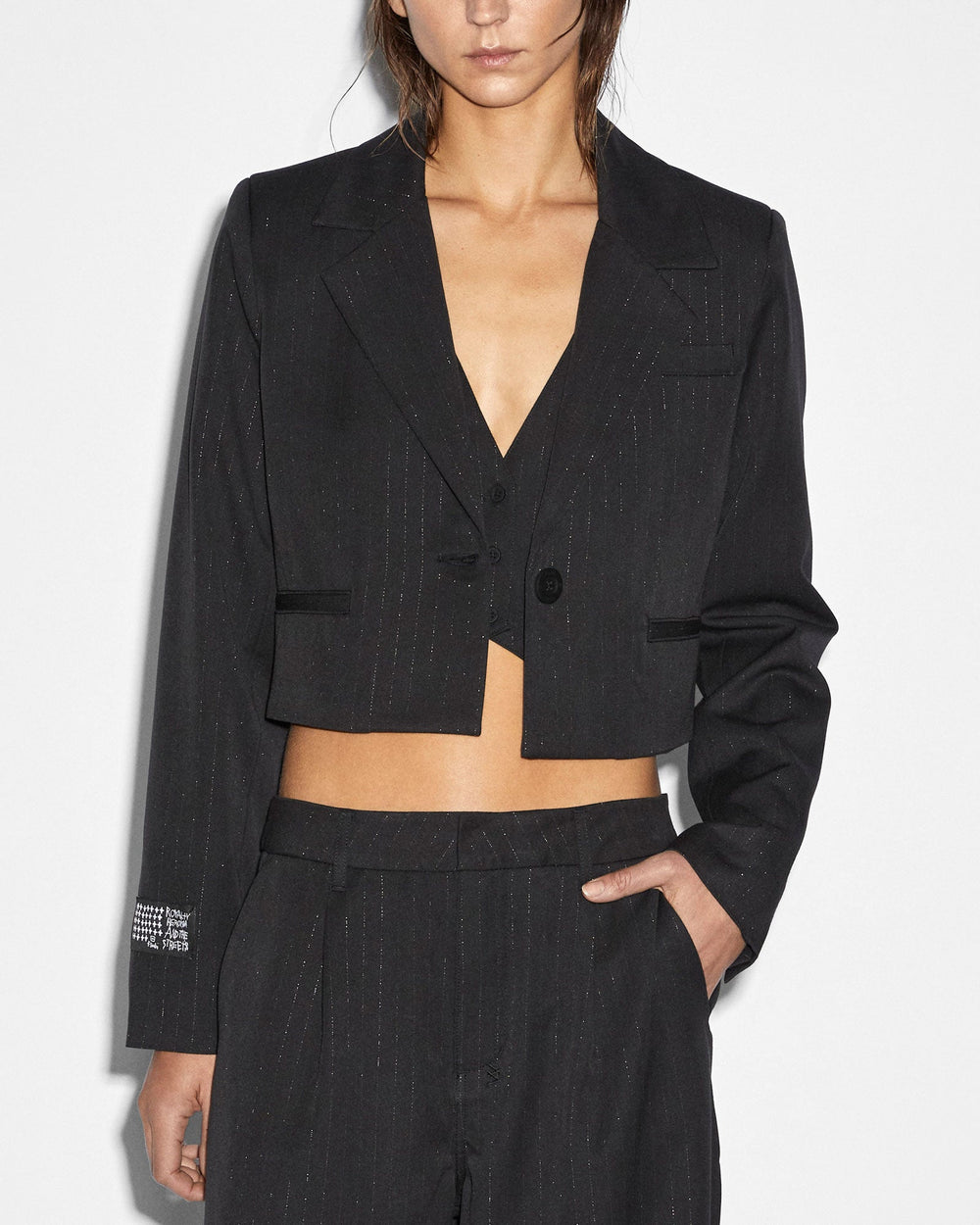 London Crop Blazer Jacket Pinstripe - Black