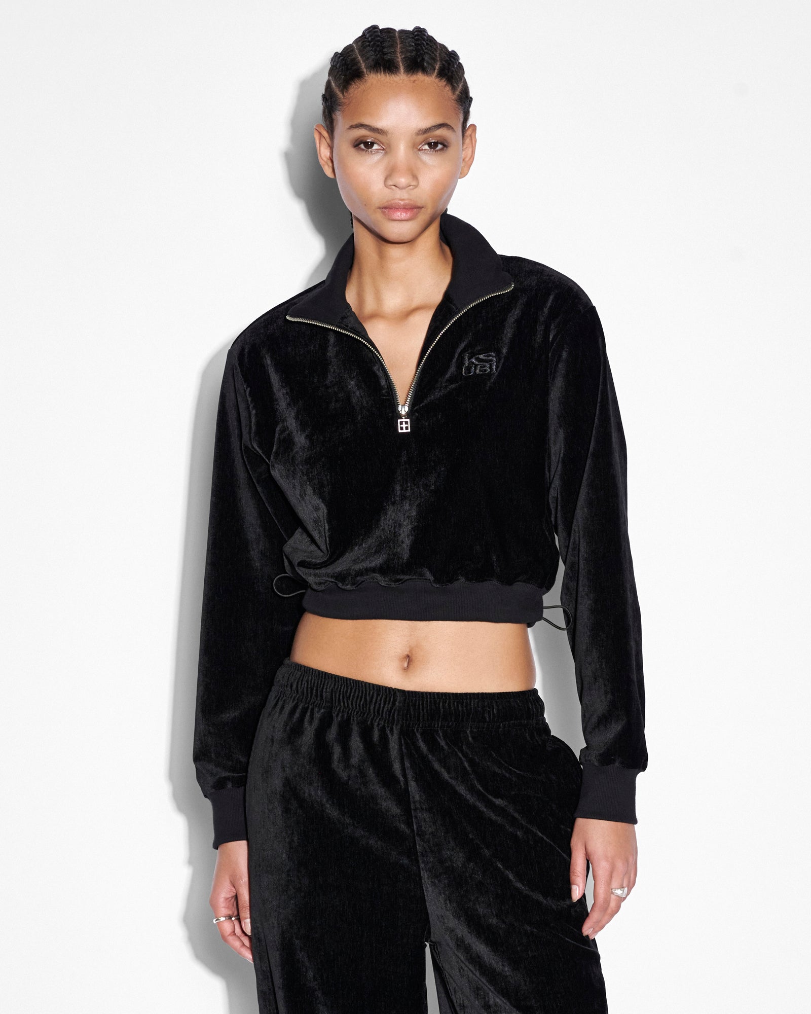 Buy Richie Half Zip Crop Black Velour Cropped Top KSUBI