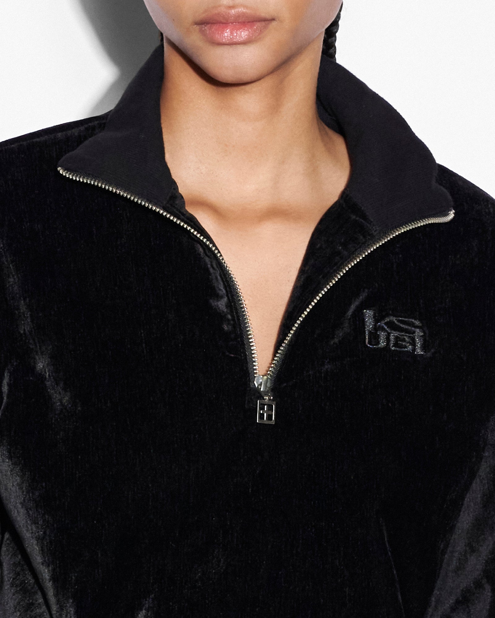 Buy Richie Half Zip Crop Black Velour Cropped Top KSUBI