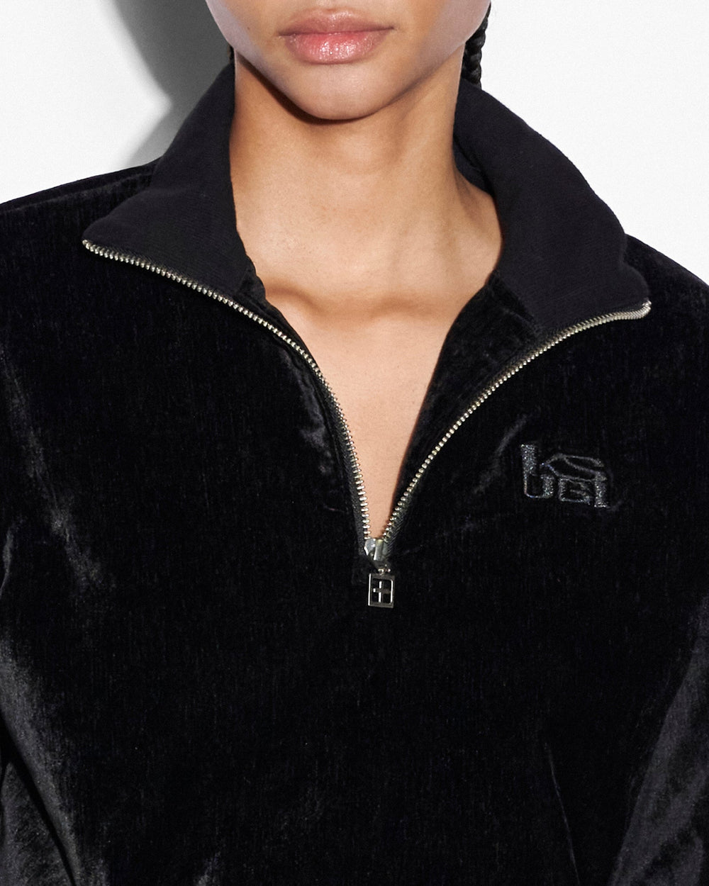 Buy Richie Half Zip Crop Black Velour Cropped Top KSUBI