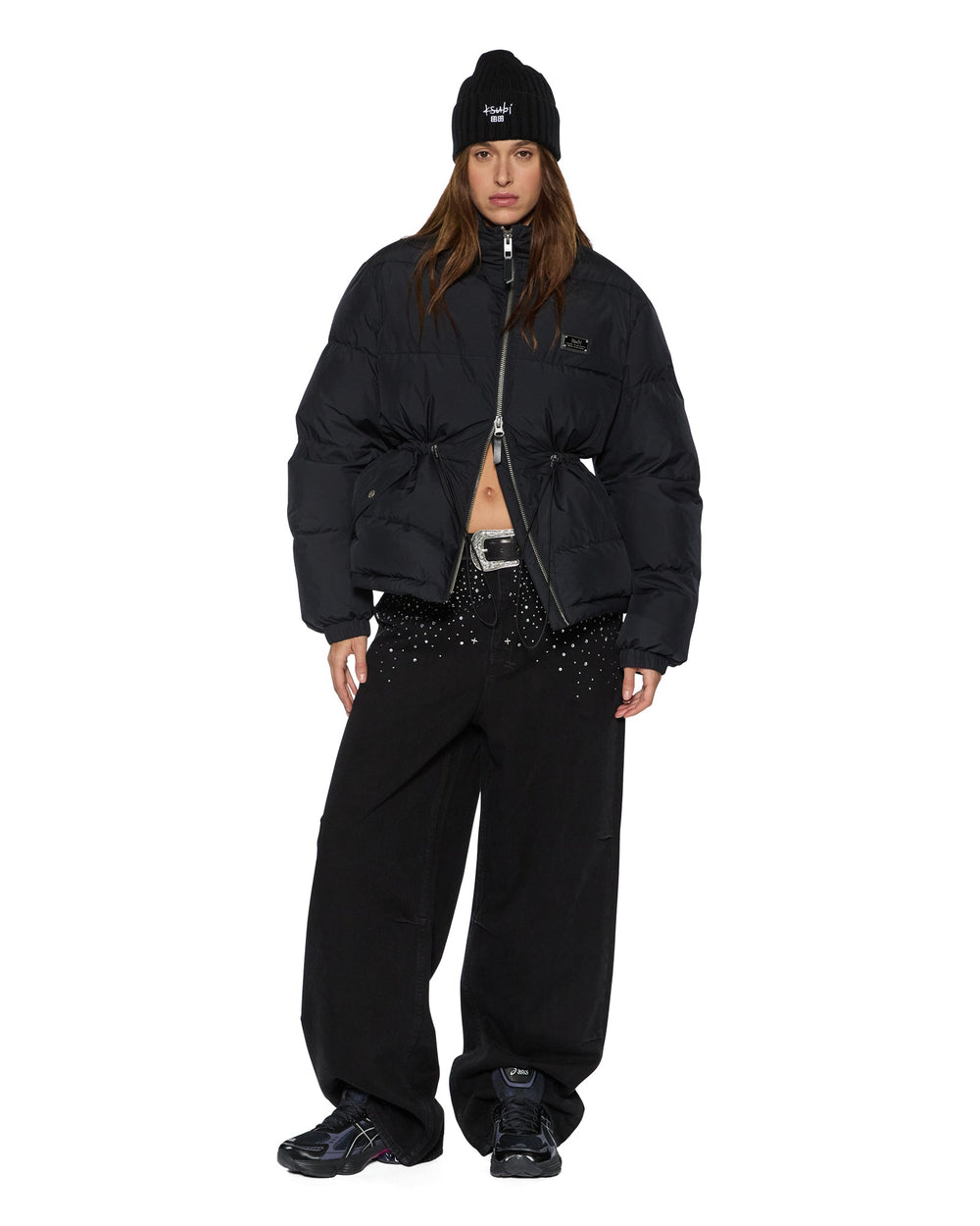 Womens Cinched Puffer Black Jackets