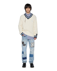 Mens Princeton Cable Knit V Neck Vintage White Knitwear