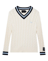 Mens Princeton Cable Knit V Neck Vintage White Knitwear