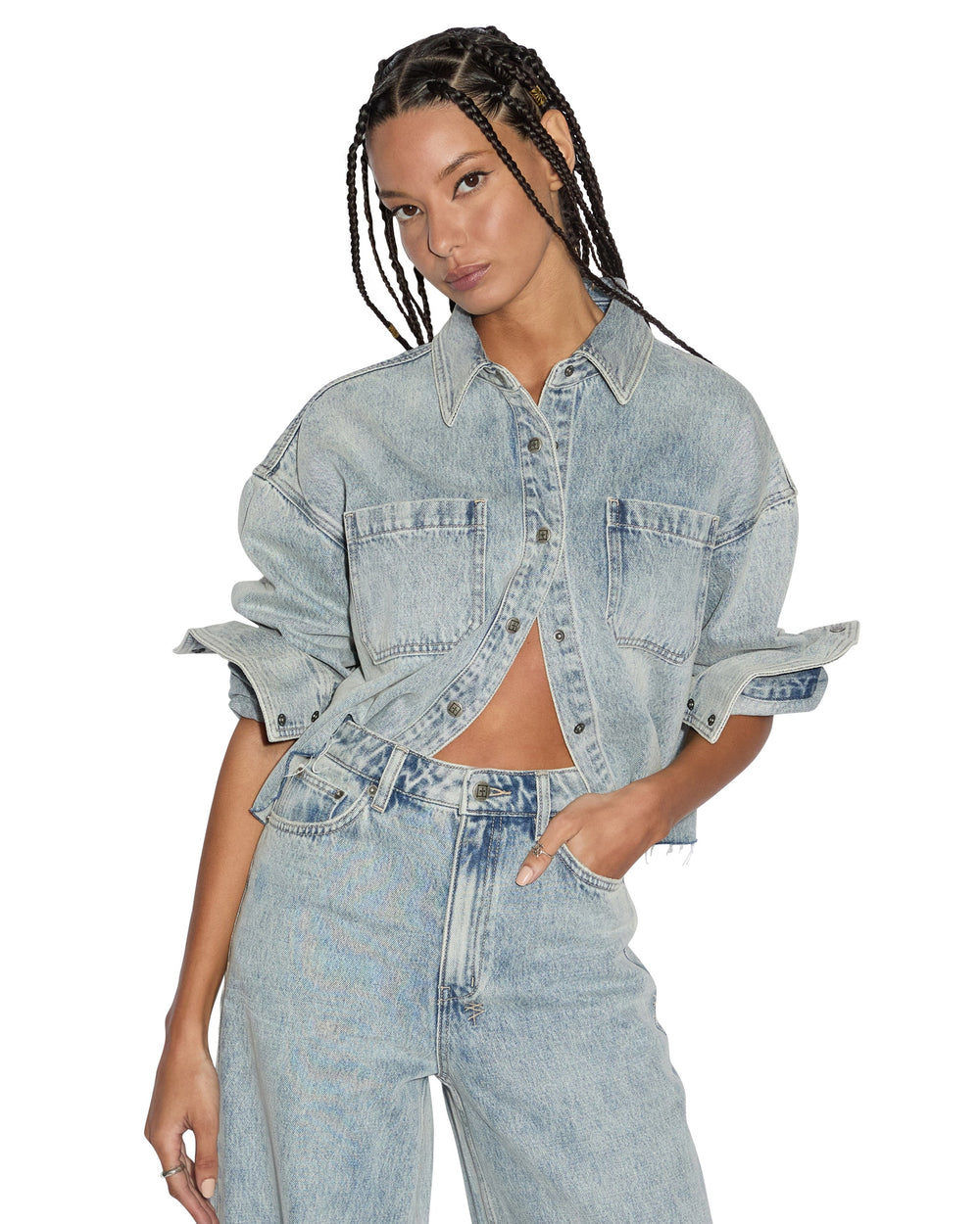 Cutaway Long Sleeve Shirt Worn - Blue Denim