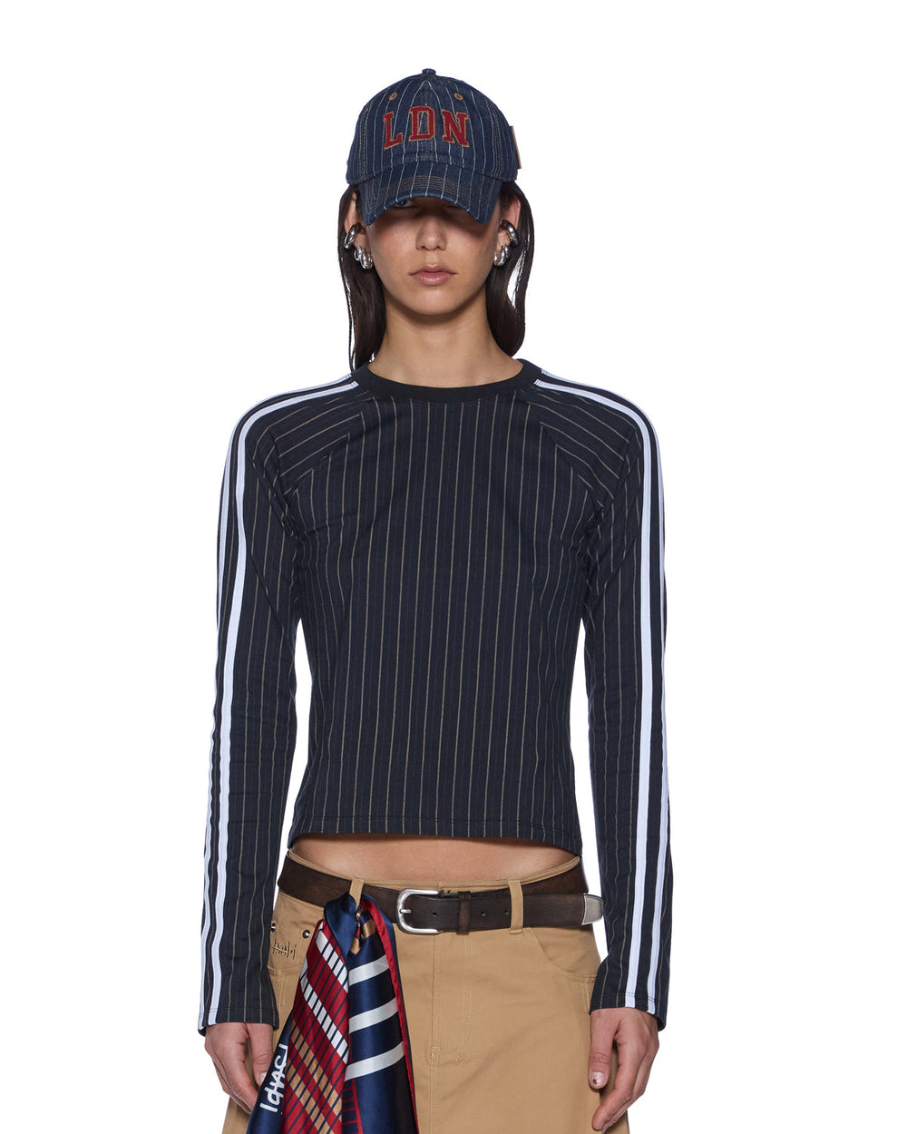 Womens Porter Ls Top Black Pinstripe Fashion Tops