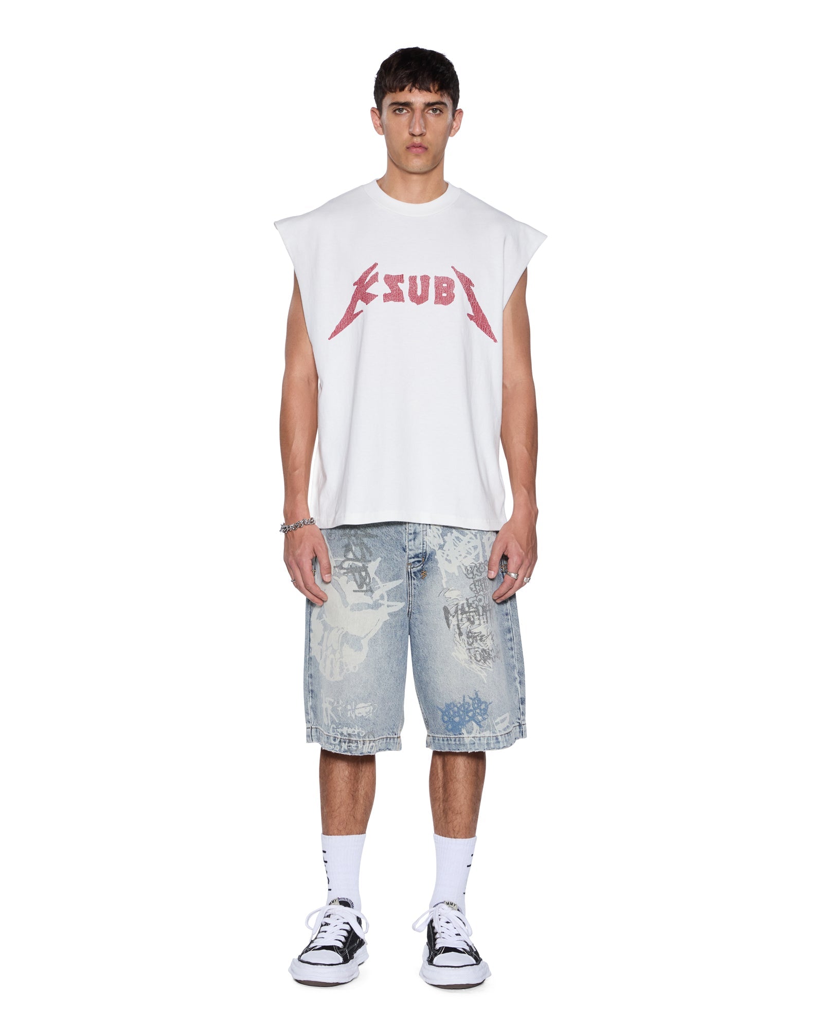 Mens Line Up Ekcess Cut Off Tee White/Red Tees
