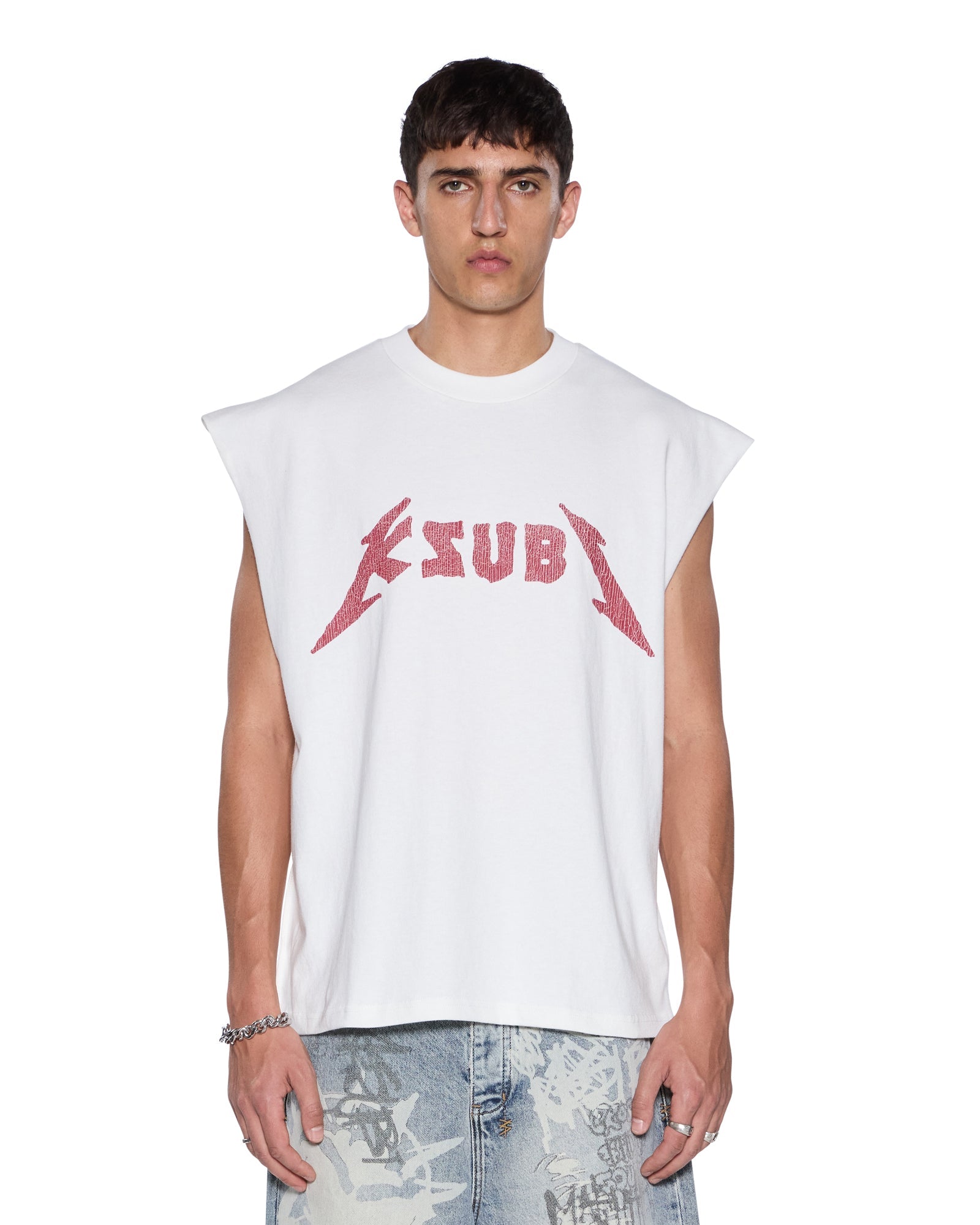 Mens Line Up Ekcess Cut Off Tee White/Red Tees