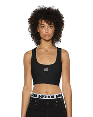 Womens Stacked Origin Crop Black Fashion Tops