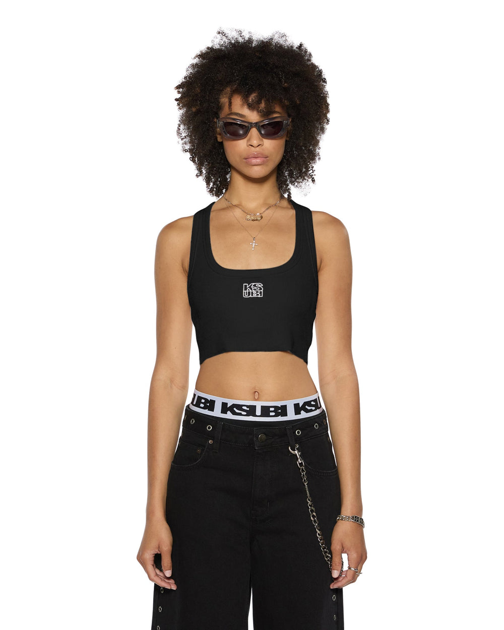 Womens Stacked Origin Crop Black Fashion Tops