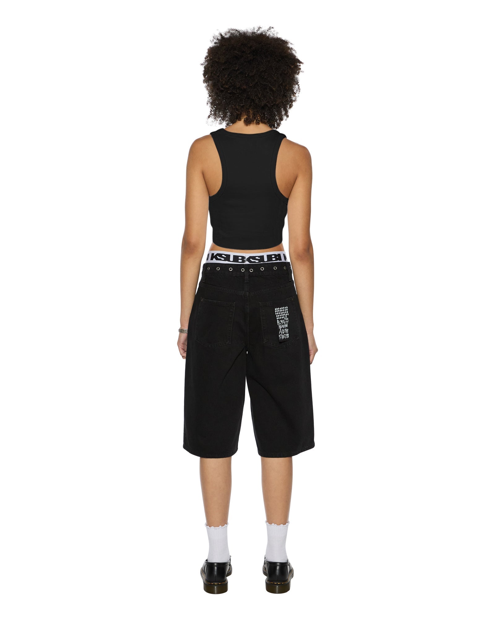 Womens Stacked Origin Crop Black Fashion Tops