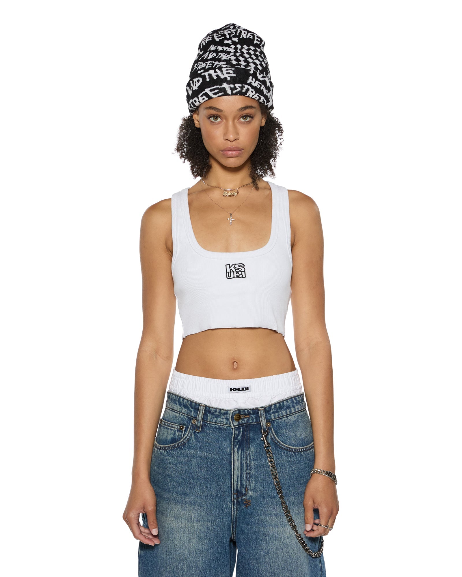Womens Stacked Origin Crop White Fashion Tops