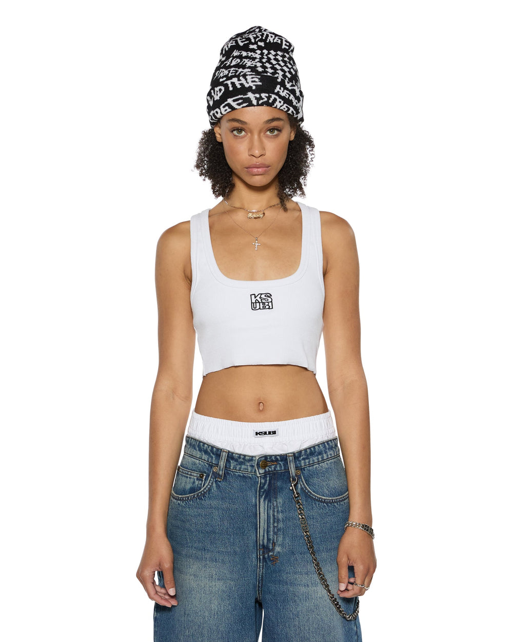Womens Stacked Origin Crop White Fashion Tops