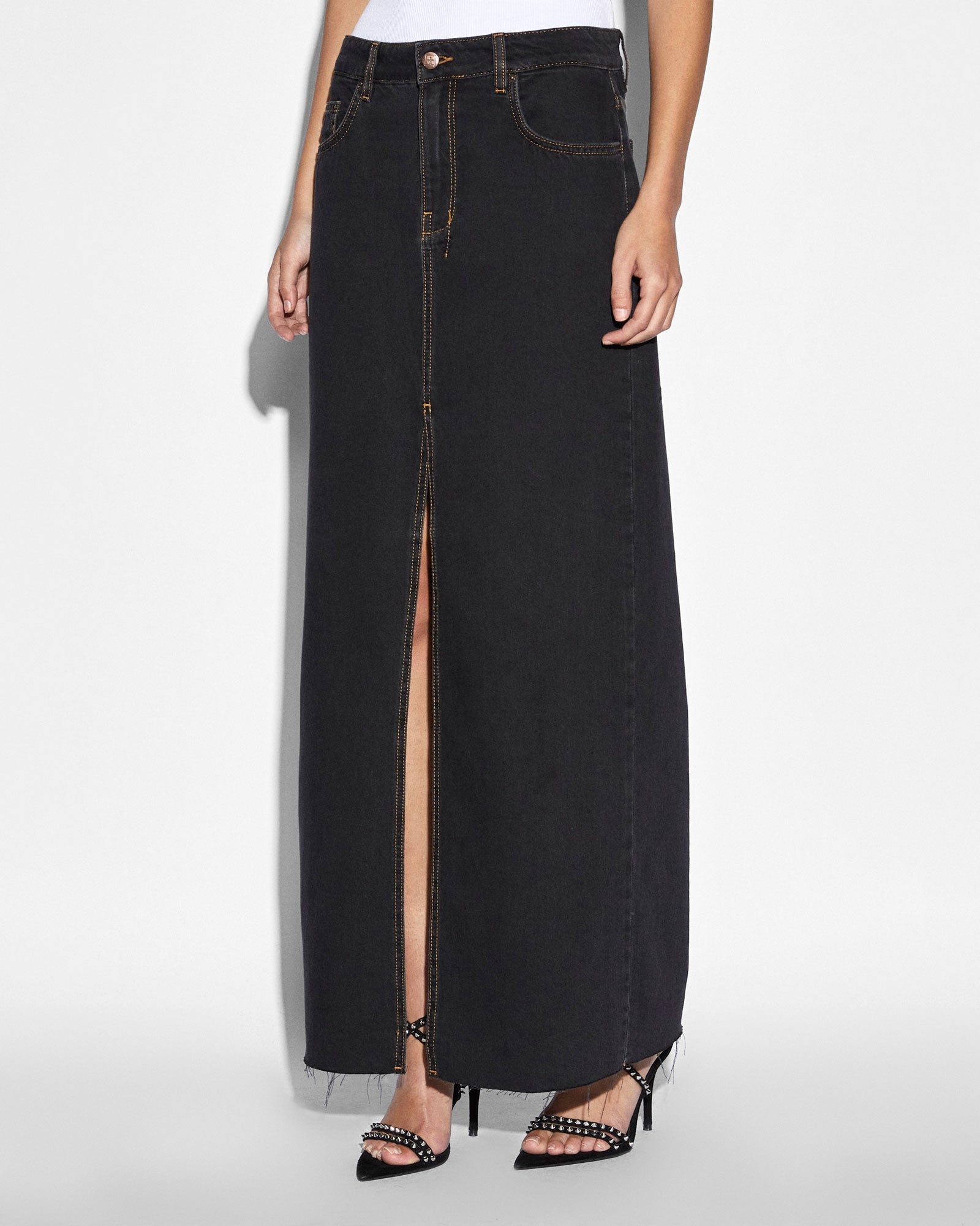 Kara Low Rise Maxi Denim Skirt - Washed Black