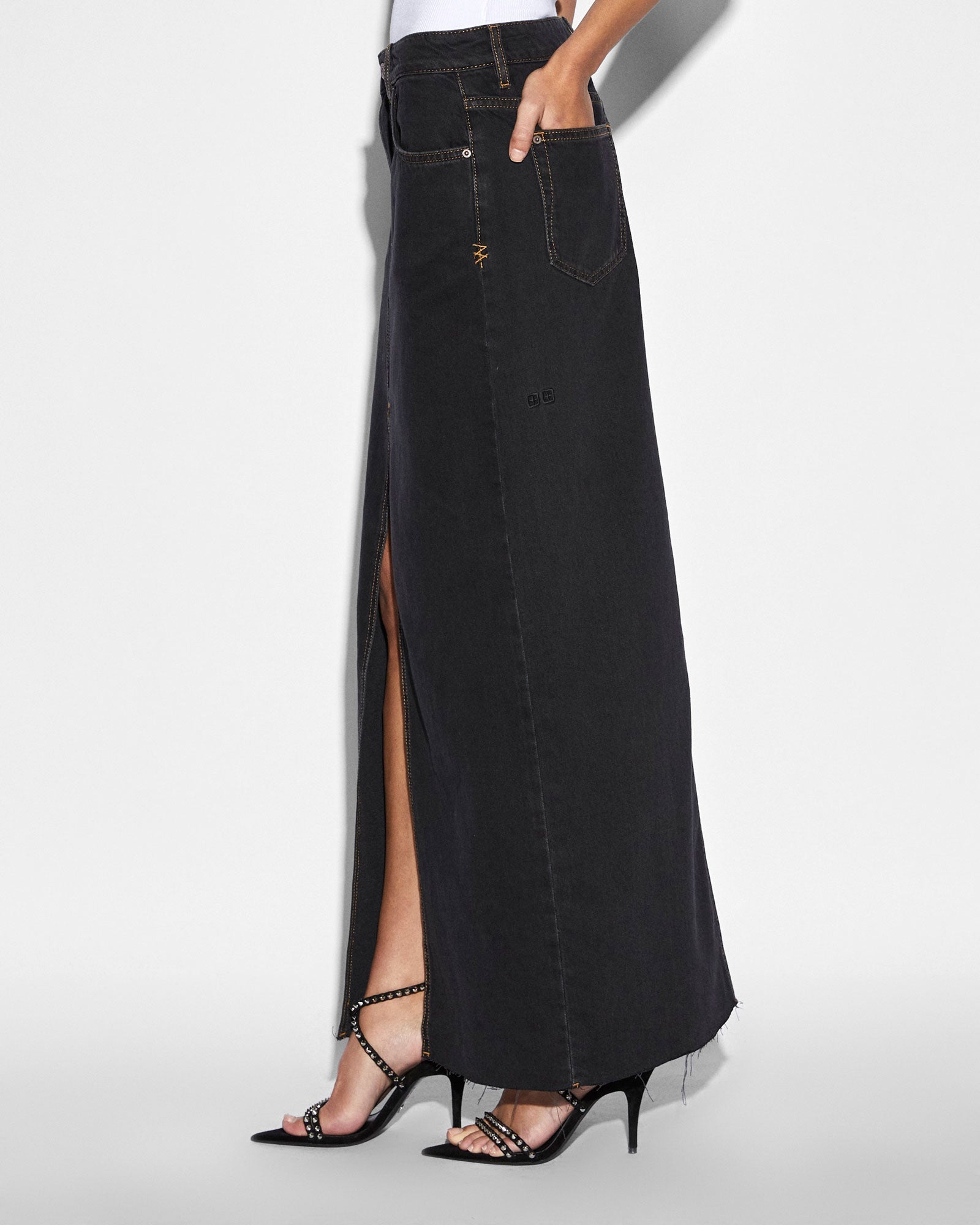 Kara Low Rise Maxi Denim Skirt - Washed Black