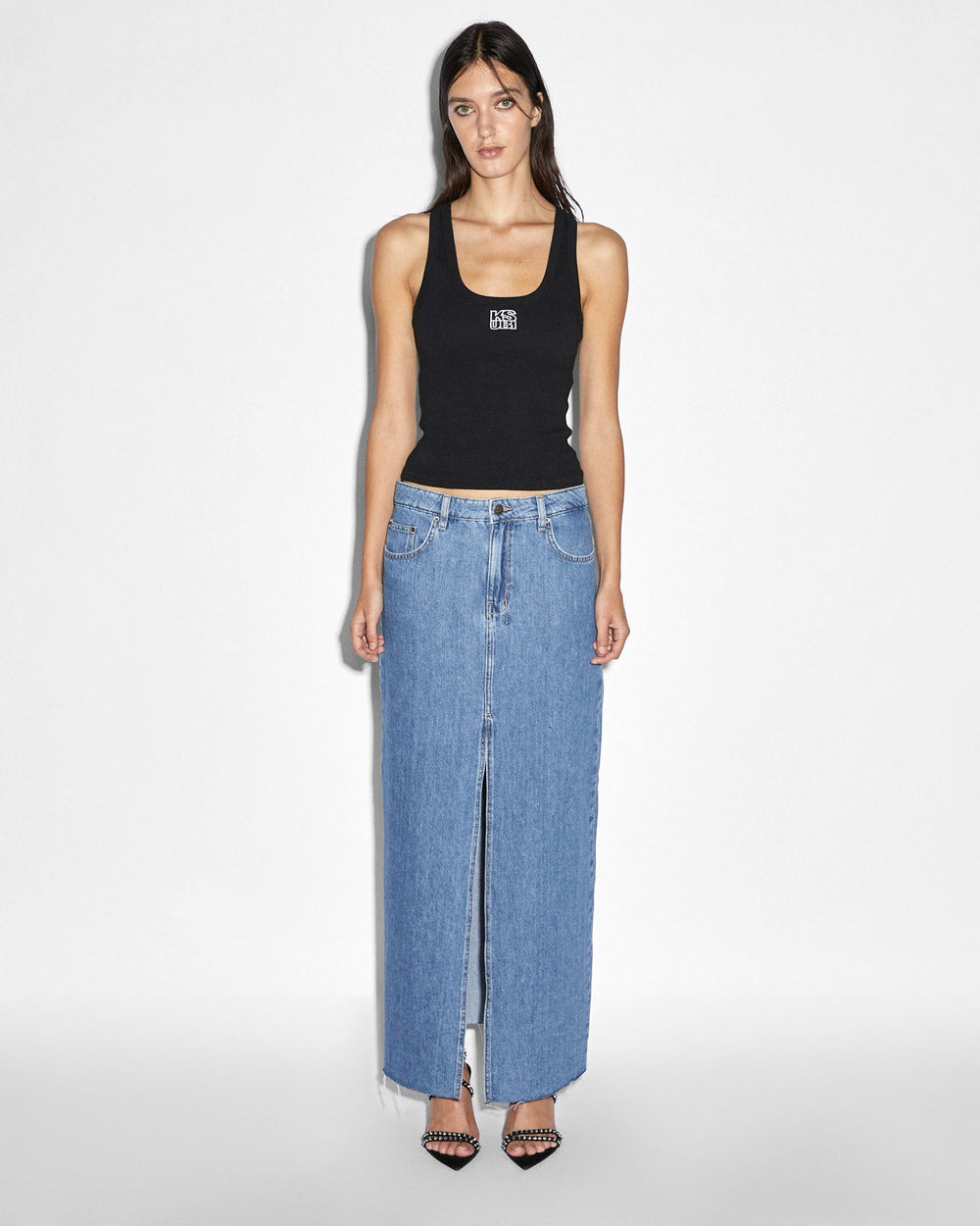 Kara Low Rise Maxi Denim Skirt - Medium Blue Wash