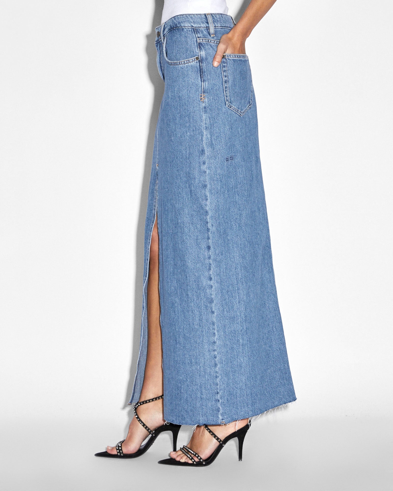 Kara Low Rise Maxi Denim Skirt - Medium Blue Wash