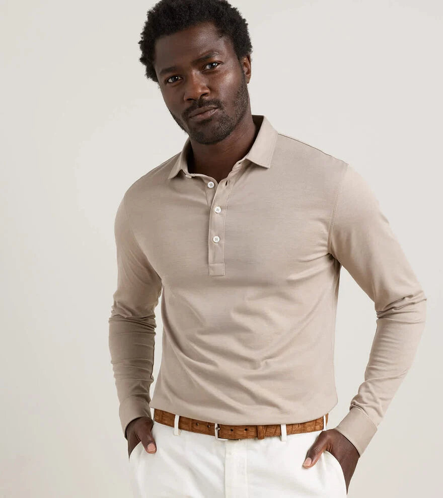 Ashby Silk Cotton Long-Sleeve Polo BISCOTTI